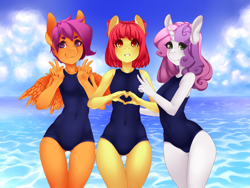 Size: 1400x1050 | Tagged: safe, artist:tolsticot, imported from derpibooru, apple bloom, scootaloo, sweetie belle, anthro, earth pony, pegasus, unicorn, belly button, clothes, cutie mark crusaders, female, heart hands, one-piece swimsuit, peace sign, school swimsuit, sukumizu, swimsuit
