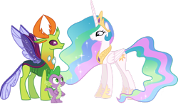 Size: 1166x685 | Tagged: safe, artist:drakizora, imported from derpibooru, princess celestia, spike, thorax, alicorn, changedling, changeling, dragon, pony, to where and back again, .svg available, king thorax, simple background, transparent background, vector
