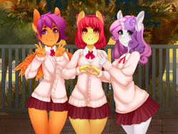 Size: 1400x1050 | Tagged: safe, artist:tolsticot, imported from derpibooru, apple bloom, scootaloo, sweetie belle, anthro, earth pony, pegasus, unicorn, clothes, cute, cutie mark crusaders, female, looking at you, miniskirt, pleated skirt, school uniform, skirt, skirtaloo