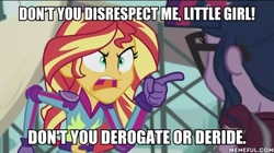 Size: 600x337 | Tagged: safe, edit, edited screencap, imported from derpibooru, screencap, sci-twi, sunset shimmer, twilight sparkle, equestria girls, friendship games, angry, clothes, disney, doctor facilier, exploitable meme, glasses, image macro, meme, memeful.com, song in the comments, song reference, sunset yells at twilight, the princess and the frog