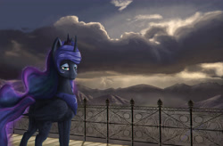 Size: 4230x2770 | Tagged: safe, artist:majorlaughmaster, imported from derpibooru, princess luna, alicorn, pony, absurd resolution, balcony, cloud, crepuscular rays, female, looking back, mountain, mountain range, scenery, solo