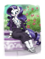 Size: 1028x1333 | Tagged: safe, artist:king-kakapo, imported from derpibooru, rarity, anthro, unguligrade anthro, blushing, bracelet, cleavage, clothes, cute, ear piercing, earring, female, flower, high heels, jewelry, looking at something, necklace, piercing, shoes, sitting, skirt, smiling, solo, unshorn fetlocks