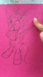 Size: 3724x2096 | Tagged: safe, artist:littlenaughtypony, imported from derpibooru, pacific glow, finger, leg warmers, one eye closed, pacifier, pencil drawing, smiling, traditional art, wink