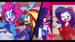 Size: 1280x720 | Tagged: safe, artist:little-tweenframes, deleted from derpibooru, imported from derpibooru, pinkie pie, rarity, sci-twi, sunset shimmer, twilight sparkle, series:sciset diary, equestria girls, blushing, box, clothes, coat, colored pupils, female, glasses, groceries, happy, lesbian, pun, scarf, scitwishimmer, shipping, smiling, suggestive description, sunsetsparkle, winter outfit