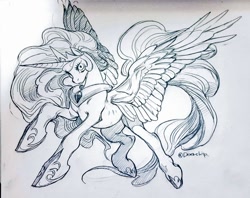 Size: 1024x810 | Tagged: safe, artist:deerchip, imported from derpibooru, princess celestia, alicorn, pony, female, grayscale, looking at you, monochrome, pencil drawing, simple background, solo, traditional art, white background