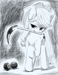 Size: 2300x3000 | Tagged: safe, artist:gamijack, imported from derpibooru, applejack, pony, apple, female, food, grayscale, monochrome, mouth hold, raised hoof, sickle, solo