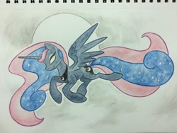 Size: 1024x772 | Tagged: safe, artist:grokostimpy, imported from derpibooru, princess luna, pony, female, flying, glowing eyes, moon, solo, traditional art