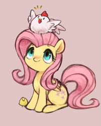 Size: 681x849 | Tagged: safe, artist:kei05, imported from derpibooru, fluttershy, chicken, pegasus, pony, chick, female, folded wings, looking up, pink background, simple background, sitting, solo