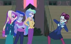 Size: 1418x872 | Tagged: safe, edit, edited screencap, imported from derpibooru, screencap, princess cadance, princess celestia, princess luna, principal abacus cinch, equestria girls, clothes, dancing, dancing cinch, dean cadance, female, krumping, principal celestia, siblings, sisters, skirt, vice principal luna, wat