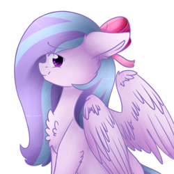 Size: 1000x1000 | Tagged: safe, artist:twinkepaint, imported from derpibooru, oc, oc only, oc:elizabeth, pegasus, pony, bow, cheek fluff, chest fluff, ear fluff, female, fluffy, hair bow, mare, shoulder fluff, simple background, solo, white background, wing fluff