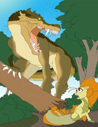 Size: 3864x5000 | Tagged: safe, artist:feroxultrus, imported from derpibooru, adagio dazzle, bird, crocodile, siren, absurd resolution, angry, chase, escape, foal, forest, kaprosuchus, monster, tree