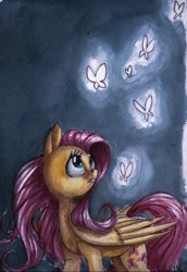 Size: 540x787 | Tagged: safe, artist:theorderofalisikus, imported from derpibooru, fluttershy, butterfly, pony, female, folded wings, gritted teeth, looking at something, looking back, looking up, solo, traditional art