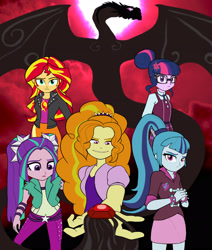 Size: 2550x3005 | Tagged: safe, artist:feroxultrus, imported from derpibooru, adagio dazzle, aria blaze, sci-twi, sonata dusk, sunset shimmer, twilight sparkle, dragon, wyvern, equestria girls, friendship games, rainbow rocks, black magic, fanfic, gem, red sky