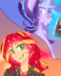 Size: 1200x1500 | Tagged: safe, artist:cheetospony, imported from derpibooru, starlight glimmer, sunset shimmer, equestria girls, clothes, duo, glowing horn, journal, journey book, magic, telekinesis