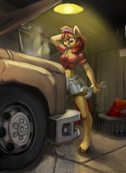 Size: 730x1000 | Tagged: safe, artist:lexx2dot0, imported from derpibooru, apple bloom, anthro, unguligrade anthro, breasts, busty apple bloom, car, clothes, female, garage, light, mechanic, midriff, older, older apple bloom, red hair, red tail, shorts, solo, unsure, vehicle, wrench