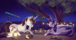 Size: 1280x677 | Tagged: safe, artist:dvixie, deleted from derpibooru, imported from derpibooru, twilight sparkle, oc, alicorn, pony, book, chess, chessboard, chessboard incorrectly oriented, commission, glasses, lantern, night, signature, stars, telescope, thinking, tree, twilight sparkle (alicorn)