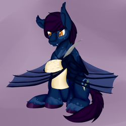 Size: 900x900 | Tagged: safe, artist:bevendre, imported from derpibooru, oc, oc only, oc:midnight oil, bat pony, pony, bat pony oc, quill, solo, wing hands