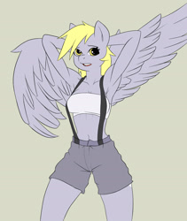 Size: 1872x2213 | Tagged: safe, artist:doxzz37, imported from derpibooru, derpy hooves, anthro, armpits, bandeau, belly button, clothes, female, looking at you, midriff, shorts, simple background, solo, spread wings, suspenders, tube top