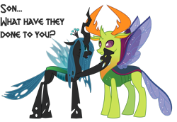 Size: 1280x880 | Tagged: safe, artist:sersys, imported from derpibooru, queen chrysalis, thorax, changedling, changeling, changeling queen, to where and back again, changeling drama, changeling king, crying, despair, dialogue, draco in leather pants, female, hoof on cheek, king thorax, male, mommy chrissy, mother and son, open mouth, out of character, raised hoof, sad, simple background, spread wings, teary eyes, transparent background