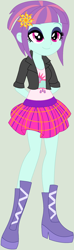 Size: 808x2736 | Tagged: safe, artist:ra1nb0wk1tty, imported from derpibooru, sunny flare, equestria girls, alternate clothes, alternate costumes, boots, clothes, cute, eyeshadow, female, high heel boots, high heels, jacket, makeup, skirt, solo