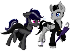 Size: 691x500 | Tagged: safe, artist:gummysky, imported from derpibooru, oc, oc only, oc:fair weather, oc:ghost lightning, earth pony, pegasus, pony, clothes, colored pupils, commission, raised hoof, simple background, transparent background, umbrella