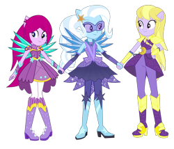 Size: 4850x4160 | Tagged: dead source, safe, artist:pink1ejack, imported from derpibooru, fuchsia blush, lavender lace, trixie, equestria girls, equestria girls series, legend of everfree, super squad goals, absurd resolution, boots, clothes, clothes swap, crescent moon, crystal guardian, crystal guardian boots, crystal wings, female, fuchsia blush boots, glasses, high heel boots, holding hands, jeans, lavender lace boots, legs, moon, pants, show accurate, simple background, smiling, sparkles, super 6, the fab 4 boots, the magic 3 boots, transparent background, trio, trixie and the illusions, trixie lulamoon boots, wings