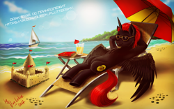 Size: 1024x640 | Tagged: safe, artist:das_leben, imported from derpibooru, oc, oc only, oc:dark star, alicorn, pony, alicorn oc, armpits, beach, beach chair, book, chair, juice, lemonade, ocean, original character do not steal, red and black oc, relaxing, sailboat, sand, sandcastle, signature, solo, sunglasses, table, umbrella