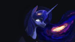 Size: 1280x720 | Tagged: dead source, safe, artist:hierozaki, imported from derpibooru, princess luna, alicorn, pony, black background, bust, female, galaxy, galaxy mane, horn, jewelry, mare, portrait, profile, regalia, simple background, solo, stars