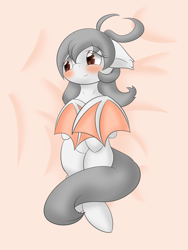 Size: 1446x1920 | Tagged: safe, artist:icy wings, imported from derpibooru, oc, oc only, oc:lai chi, bat pony, pony, blushing, body pillow, body pillow design, floppy ears, high angle, on back, smiling, solo, top down