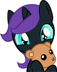 Size: 1824x2319 | Tagged: artist needed, safe, imported from derpibooru, oc, oc only, oc:nyx, alicorn, pony, alicorn oc, cute, holding, hug, looking at you, nyxabetes, simple background, solo, teddy bear, transparent background