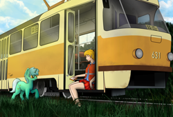 Size: 2940x2000 | Tagged: safe, artist:sharimapic, artist:subway777, imported from derpibooru, lyra heartstrings, oc, oc:tatra, human, clothes, cute, ekaterinburg, grass, humanized, legs, lens flare, miniskirt, mountain dew, pleated skirt, ponytail, sandvich, shirt, skirt, surprised, tatra t3, train, tram