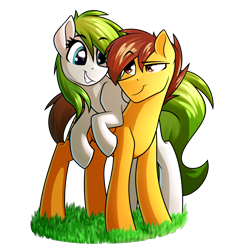 Size: 3000x3000 | Tagged: dead source, safe, artist:rubywave32, imported from derpibooru, oc, oc only, oc:compylight, oc:kiwi blaze, earth pony, pegasus, pony, female, grass, high res, male, mare, simple background, smiling, stallion, transparent background