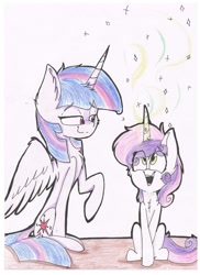 Size: 1024x1408 | Tagged: safe, artist:feathershine1, imported from derpibooru, sweetie belle, twilight sparkle, alicorn, pony, magic, raised hoof, sitting, sweetie belle's magic brings a great big smile, traditional art, twilight sparkle (alicorn)