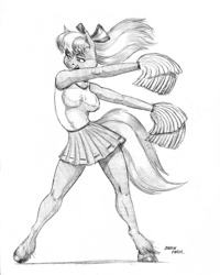 Size: 1100x1376 | Tagged: safe, artist:baron engel, imported from derpibooru, cheerilee, anthro, earth pony, unguligrade anthro, armpits, beautiful, breasts, busty cheerilee, cheerileeder, cheerleader, cheerleader outfit, clothes, curvy, female, grayscale, hourglass figure, legs, miniskirt, monochrome, pencil drawing, pleated skirt, pom pom, skirt, solo, traditional art, unshorn fetlocks