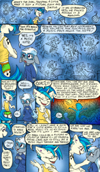 Size: 818x1400 | Tagged: safe, artist:kaemantis, imported from derpibooru, dj pon-3, silver spoon, vinyl scratch, anthro, comic:junior gala, accordion, bottomless, briefs, clothes, cutie mark, derpy fins, dialogue, ear piercing, green underwear, guitar, microphone, musical instrument, partial nudity, piercing, singing, speech bubble, sunset, tanktop, turntable, underwear, violin, younger