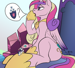 Size: 1200x1081 | Tagged: safe, artist:tsitra360, color edit, edit, imported from derpibooru, princess cadance, shining armor, alicorn, pony, unicorn, colored, crystal, hoof shoes, horseshoes, micro, pictogram, question mark, size difference