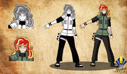 Size: 5076x2975 | Tagged: dead source, safe, artist:penspark, imported from derpibooru, part of a set, oc, oc only, oc:doodle flare, human, absurd resolution, anime, clothes, crossover, feet, glasses, humanized, looking at you, monochrome, naruto, not sunset shimmer, shinobi, signature, solo