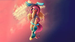 Size: 2905x1634 | Tagged: safe, artist:sugarlesspaints, edit, imported from derpibooru, fluttershy, pegasus, pony, semi-anthro, blushing, bunny ears, clothes, colored pupils, colored wings, colored wingtips, costume, cute, dangerous mission outfit, female, flying, hoodie, mare, shyabetes, smiling, socks, solo, striped socks, sunset, wallpaper, wallpaper edit