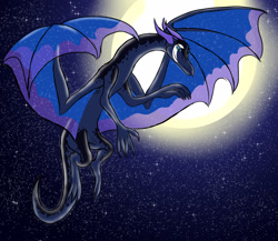 Size: 2300x2000 | Tagged: safe, artist:vchart920, imported from derpibooru, princess luna, dragon, alternative cutie mark placement, dragoness, dragonified, facial cutie mark, female, flying, lunadragon, moon, night, night sky, solo, species swap, stars