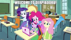 Size: 888x499 | Tagged: safe, imported from derpibooru, applejack, fluttershy, pinkie pie, rarity, twilight sparkle, derpibooru, equestria girls, equestria girls (movie), book, boot, bracelet, chalkboard, classroom, clothes, cowboy hat, door, hat, image macro, in-universe pegasister, incomplete twilight strong, jewelry, meme, meta, pinkie pie laptop, raised leg, skirt, stetson, welcome to the herd, welcome to the internet