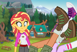 Size: 1024x688 | Tagged: safe, imported from derpibooru, sci-twi, sunset shimmer, timber spruce, twilight sparkle, human, equestria girls, legend of everfree, boots, camp everfree, camp everfree outfits, clothes, converse, falling, female, legs, male, shipping, shocked, shoes, shorts, sneakers, socks, straight, timbertwi, trace