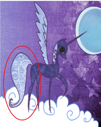 Size: 658x827 | Tagged: safe, edit, edited screencap, imported from derpibooru, screencap, princess luna, alicorn, pony, friendship is magic, book, circled, cloud, cropped, female, hooves, horn, mare, moon, on a cloud, pointy ponies, purple background, raised hoof, simple background, solo, standing on a cloud, standing on cloud, storybook, wings