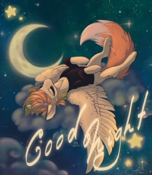 Size: 939x1080 | Tagged: safe, artist:niks-696, imported from derpibooru, oc, oc only, fox, fox pony, hybrid, pegasus, cloud, good night, lying on a cloud, moon, sleeping, solo, stars