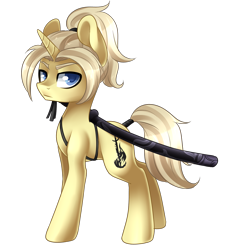 Size: 1871x1990 | Tagged: safe, artist:scarlet-spectrum, imported from derpibooru, oc, oc only, oc:silent flare, pony, unicorn, commission, katana, looking at you, male, ponytail, simple background, solo, stallion, sword, transparent background, weapon