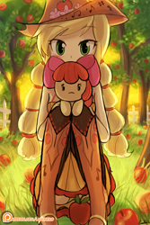 Size: 750x1125 | Tagged: safe, artist:lumineko, imported from derpibooru, apple bloom, applejack, equestria girls, friendship through the ages, '90s, adorabloom, alternate hairstyle, ass, butt, clothes, country applejack, cute, female, grass, hat, jackabetes, looking at you, panties, patreon, patreon logo, skirt, sleeveless, tree, underwear, upskirt, yellow underwear