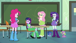 Size: 1920x1080 | Tagged: safe, imported from derpibooru, screencap, fluttershy, pinkie pie, rarity, spike, twilight sparkle, dog, equestria girls, equestria girls (movie), backpack, boots, bracelet, chair, chalkboard, classroom, clothes, door, hand on hip, high heel boots, incomplete twilight strong, jewelry, leg warmers, shoes, skirt, socks, spike the dog, table