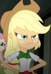Size: 494x718 | Tagged: safe, imported from derpibooru, screencap, applejack, fluttershy, equestria girls, >:c, angry, applejack is not amused, cropped, female, frown, solo, unamused