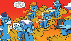Size: 1335x779 | Tagged: safe, artist:jay fosgitt, idw, imported from derpibooru, fleetfoot, misty fly, soarin', spitfire, surprise, pegasus, pony, spoiler:comic, spoiler:guardians of harmony, clothes, comic, female, goggles, male, mare, official comic, sonic glider, speech bubble, stallion, uniform, wonderbolts, wonderbolts uniform