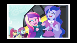 Size: 1280x720 | Tagged: safe, imported from derpibooru, screencap, princess cadance, princess luna, sour sweet, sunny flare, equestria girls, friendship games, confused, dean cadance, laughing, linked arms, right there in front of me, vice principal luna