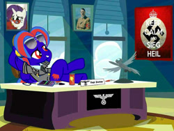 Size: 604x453 | Tagged: safe, edit, imported from derpibooru, rarity, oc, oc:hellfire, pegasus, pony, adolf hitler, cabinet, clothes, nazi, nazipone, red eyes, russian, smiling, swastika, uniform